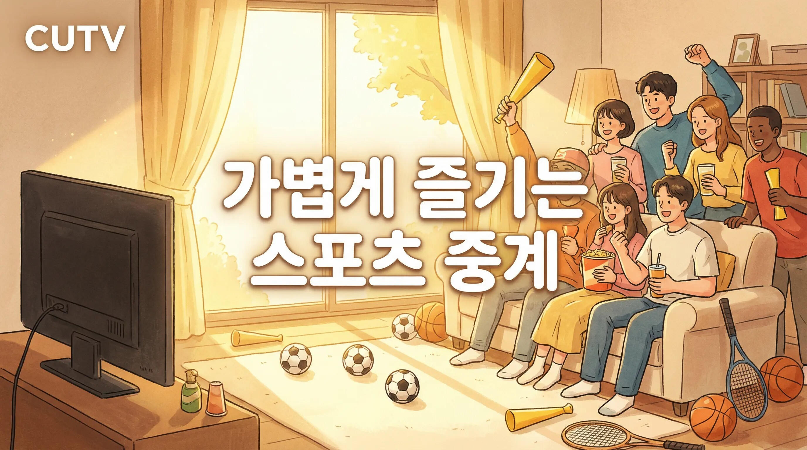 집에서 가족과 함께 가볍게 스포츠 중계를 즐기는 CUTV 서비스 이용 이미지